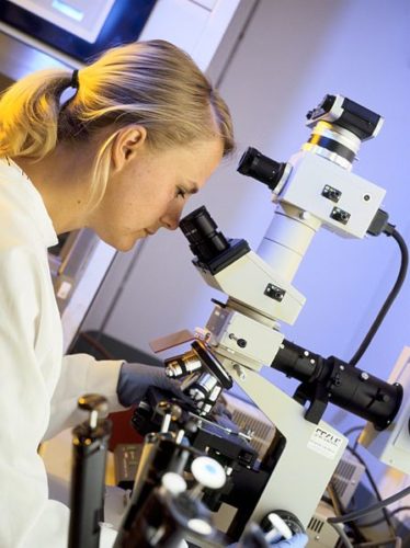 woman peering through a microscope at genetic material