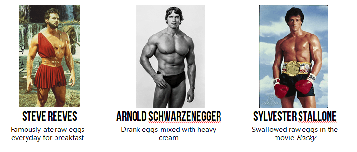 Arnold schwarzenegger, steve reeves and sylvester stallone ate raw eggs.